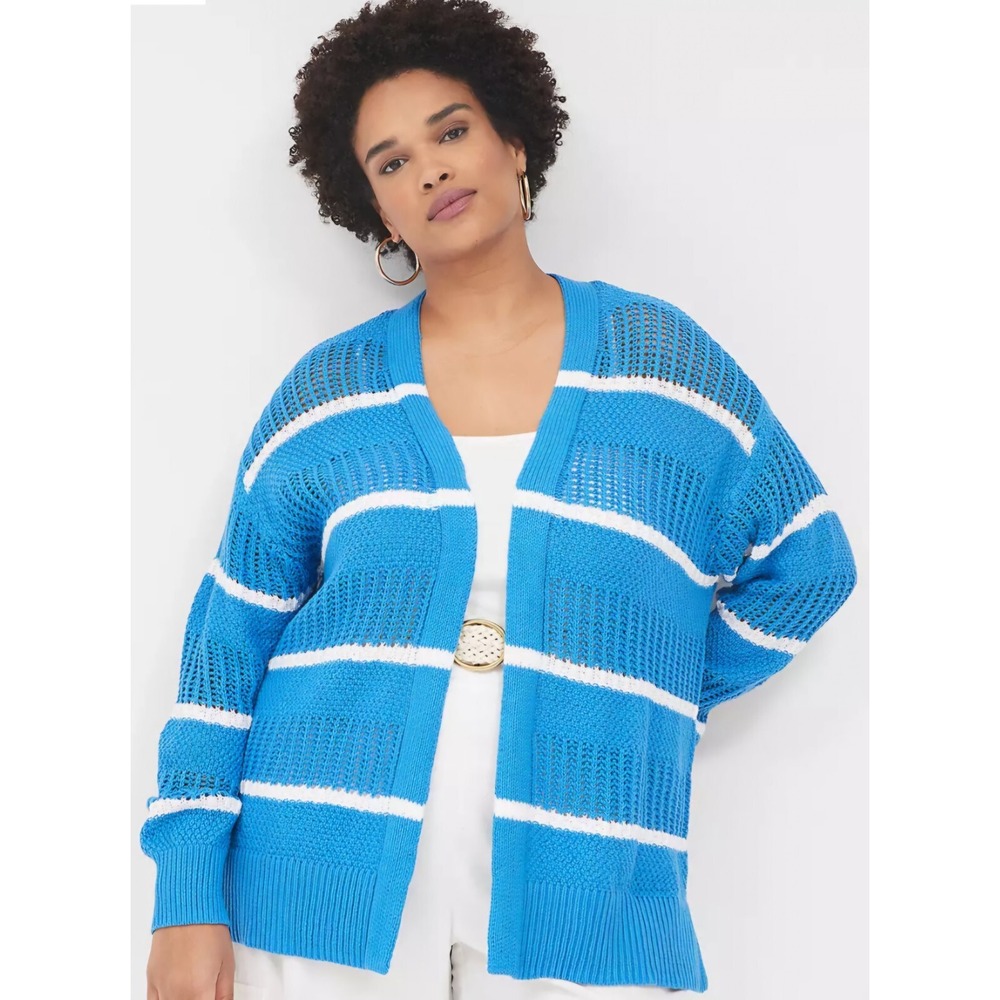 Lane Bryant Striped Waffle Knit Open‎ Front Cardigan Sweater Blue White 4X 26/28
